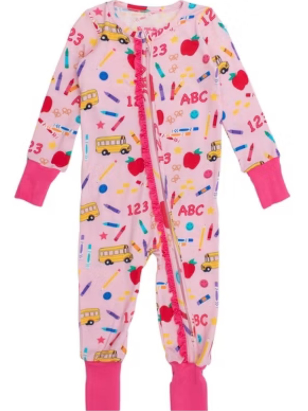 RuffleButts Pink School convertible ruffle one-piece pajama size 0-3 months